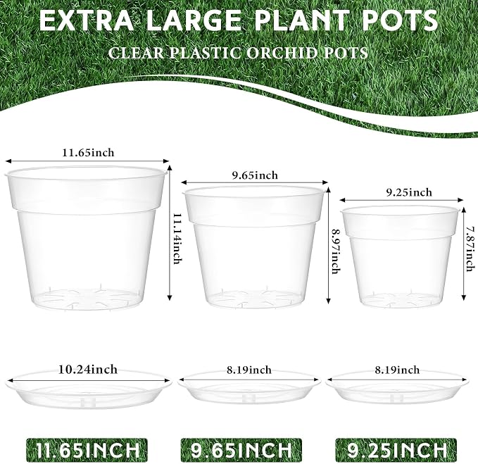 Baderke 3 Pack Clear Nursery Pot Plastic Nursery Pot Large Plant with Drainage Holes for Root Health Indoor Outdoor (9.25 Inches,9.65 Inches,11.65 Inch)