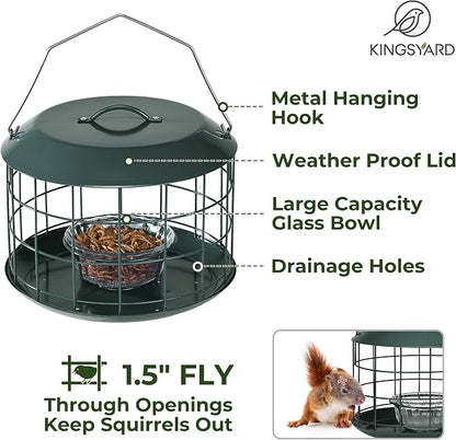 Kingsyard Bluebird Feeders for Outdoors Hanging, All Metal, Cage Bird Feeder with Tray, Squirrel Proof & Weatherproof, Easy to Refill & Clean (Green)