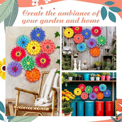 Zhehao 9 Pcs Metal Flower Wall Art Hanging 3D Daisy Decor Metal Flowers Outdoor Decor Multicolored Layered Floral Sunflower Wall Decorations for Home Garden Porch Patio(Fresh Color,8 Inch)