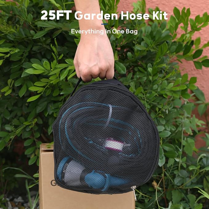 MEASUREMAN 25 FT Garden Hose Kit, Heavy Duty Lightweight Water Hose with 180° Swivel Grip & Multi-Pattern Spray Nozzle, 5/8-Inch Kink-Resistant Fabric Hose for Lawn & Patio