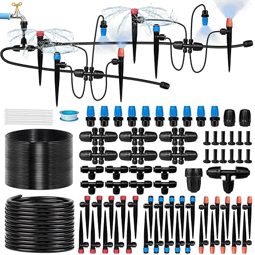 250FT Drip Irrigation System for Garden with 40 Nozzles & Emitters, Garden Watering System with 1/2" & 1/4" Tube and Barbed Fittings - Adjustable Sprinklers Kit for Greenhouse, Lawn, Raised Bed