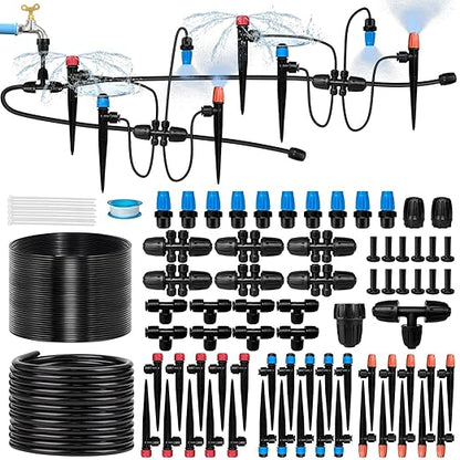 250FT Drip Irrigation System for Garden with 40 Nozzles & Emitters, Garden Watering System with 1/2" & 1/4" Tube and Barbed Fittings - Adjustable Sprinklers Kit for Greenhouse, Lawn, Raised Bed