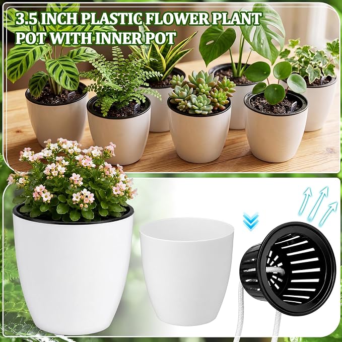 36 Pcs Self Watering Pots, 3.5 Inch Plastic Flower Plant Pot with Inner Pot Self Watering Wick Planter White Flower Pots for Indoor House Plants Herbs, Flowers, Succulents (White Black)