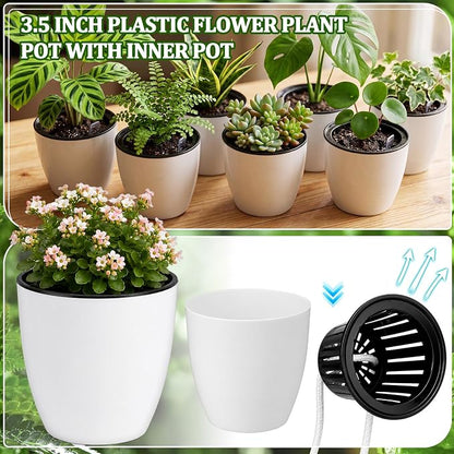 36 Pcs Self Watering Pots, 3.5 Inch Plastic Flower Plant Pot with Inner Pot Self Watering Wick Planter White Flower Pots for Indoor House Plants Herbs, Flowers, Succulents (White Black)