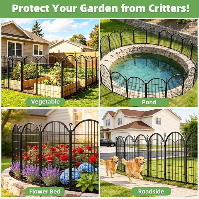 8 Panels Decorative Garden Fence Outdoor for the Yard – 48in(H) x 18ft(L) Heavy Duty Metal Animal Barrier for Dog, No Dig Dog Fence, Rustproof Tall Garden Fencing Panel
