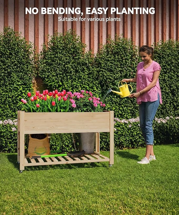 Tall Wooden Raised Garden Bed with Wheels & Storage, 48x24x32 Inch Elevated Planter Box with Waterproof Liner, Mobile Indoor/Outdoor Planters for Vegetables, Herbs, Flowers on Patio, Balcony & Yard