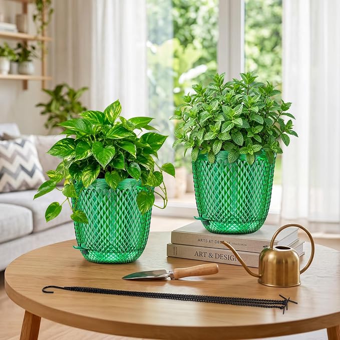QCQHDU 7.2 Inch 2 Pack Hanging Planters for Indoor Outdoor Plants,Self Watering Flower Pots Hanging Basket,Plastic Plant Hanger with Drainage Holes and 3 Hooks for Window Porch Garden Balcony, (Green)