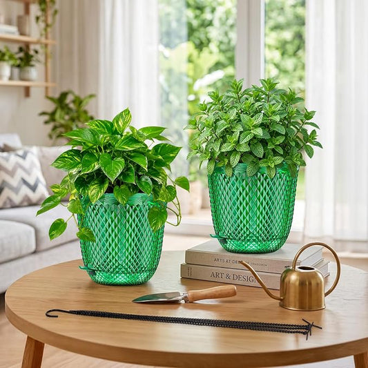 QCQHDU 7.2 Inch 2 Pack Hanging Planters for Indoor Outdoor Plants,Self Watering Flower Pots Hanging Basket,Plastic Plant Hanger with Drainage Holes and 3 Hooks for Window Porch Garden Balcony, (Green)