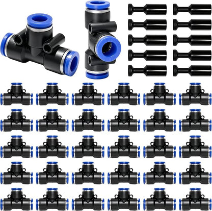 30 Pack 1/4" Drip Irrigation Tee Connectors with 10 End Caps, Quick Connect | Drip Irrigation Tee Connectors, End Caps, Easy Tubing Split and Sealing, Garden Irrigation, Drip Irrigation Parts, Leak-free
