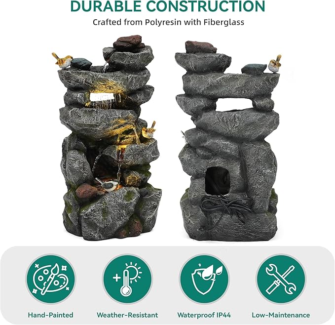 31.5" Multi-Tier Rock Outdoor Water Fountain with LED Lights, Cascading Waterfall with Birds for Garden Patio Porch, Weather-Resistant Resin Water Feature for Tranquil Oasis
