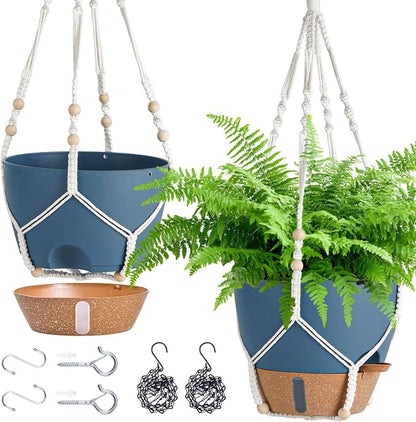 Hanging Planter Self Watering 10 Inch, 2 Pack Hanging Baskets for Plants, Hanging Flower Pots with Drainage Hole & 2 Kinds of Plant Hangers for Garden Home Decor (Navy Blue, 10 Inch)