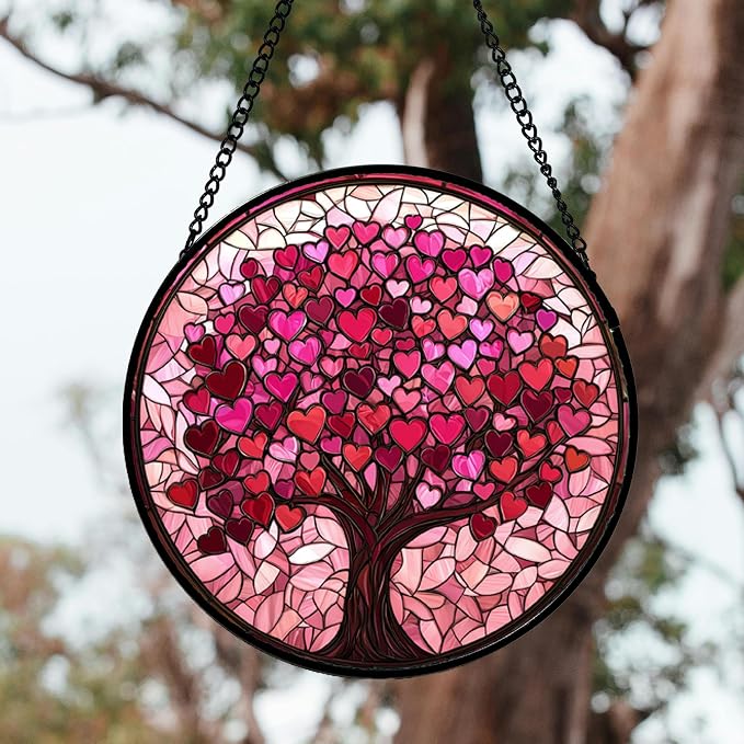 Stained Glass Window Hanging, Birthday Gifts for Women Mom Grandma Nana Wife Couple, Pink Love Tree Suncatcher for Doors Window Home Sun Catchers Gifts Decor 14.9 in