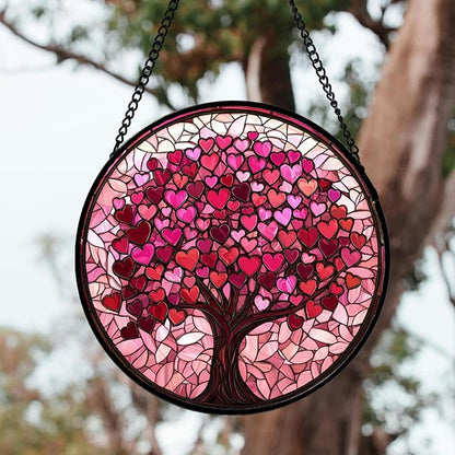 Stained Glass Window Hanging, Birthday Gifts for Women Mom Grandma Nana Wife Couple, Pink Love Tree Suncatcher for Doors Window Home Sun Catchers Gifts Decor 14.9 in