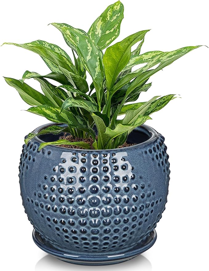 Oairse Ceramic Pot for Indoor Plants, 7 inch Plant Pot with Drainage Hole and Saucer Decorative Blue Planter with Saucer Indoor Outdoor Flower Pots for Succulent Snake Plant Pothos Orchid