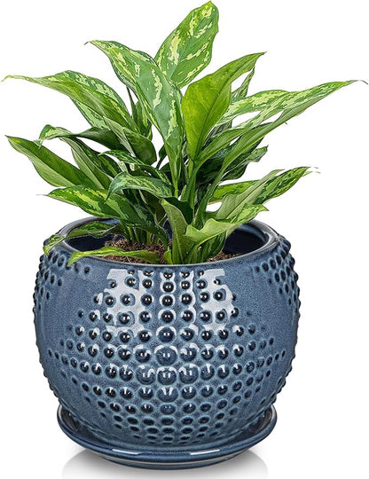 Oairse Ceramic Pot for Indoor Plants, 7 inch Plant Pot with Drainage Hole and Saucer Decorative Blue Planter with Saucer Indoor Outdoor Flower Pots for Succulent Snake Plant Pothos Orchid