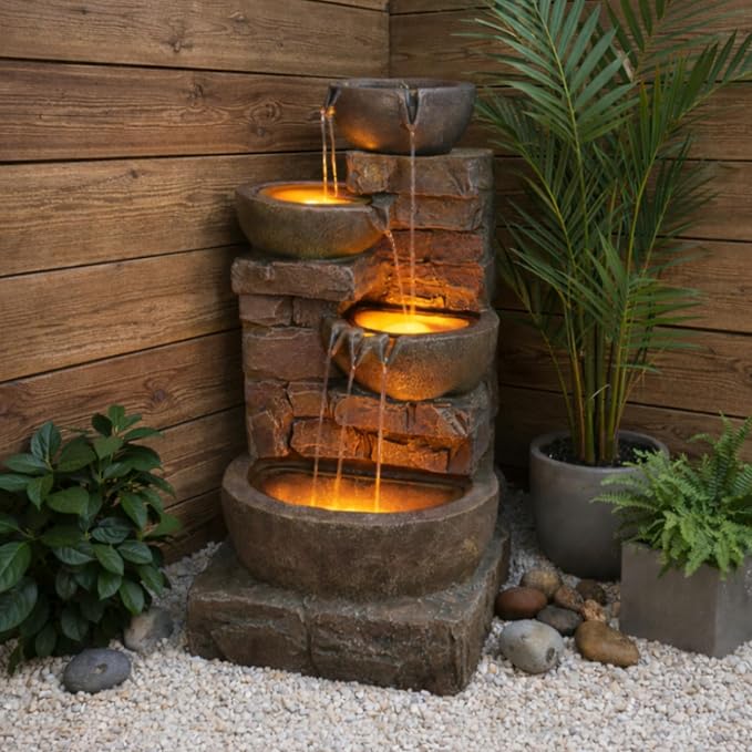 Teamson Home 33.27" Cascading Bowls & Stacked Stones LED Water Fountain for Outdoor Living Spaces, Brown | LED Lights, Cascading Bowls & Stacked Stones, Polyresin, For Patio, Garden, Balcony, Lawn, Yard