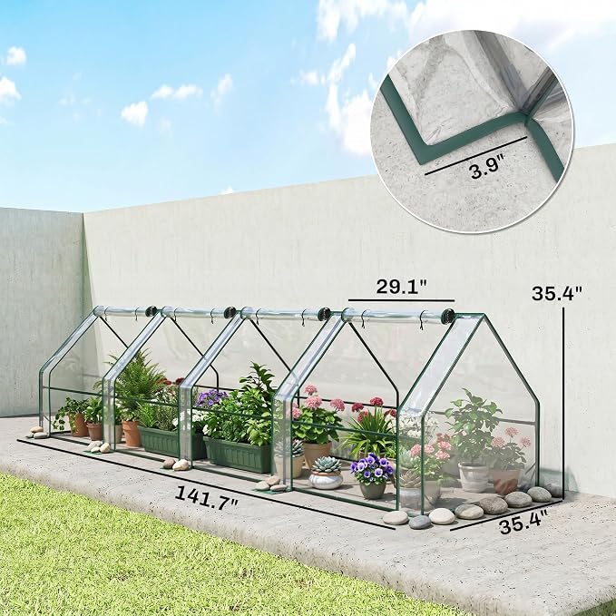 Outsunny 12' x 3' x 3'Mini Greenhouse with Zippered Doors & Roll-up Windows, Portable Plant Hot House with PVC Cover, Water Resistant, UV Protected for Outdoor Flowers, Vegetables, Clear