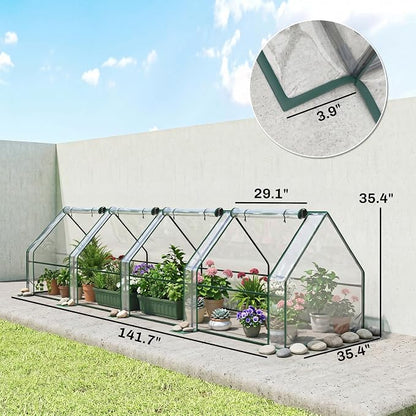 Outsunny 12' x 3' x 3'Mini Greenhouse with Zippered Doors & Roll-up Windows, Portable Plant Hot House with PVC Cover, Water Resistant, UV Protected for Outdoor Flowers, Vegetables, Clear