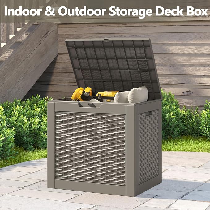 LHBGO 31 Gallon Deck Box, Resin Outdoor Storage Box, Waterproof and UV Resistant Deck Box, Lightweight Storage Box for Garden Tools, Pool Supplies