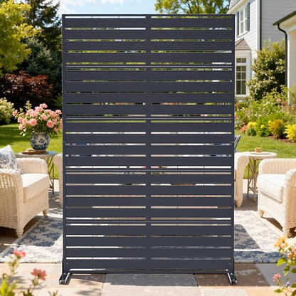 Privacy Screen Outdoor, 72"x44" Room Divider 5-Panel, Freestanding | Slatted Steel Privacy Fence with Ground Stakes, Weatherproof Divider for Balcony, Patio, Deck & Yard