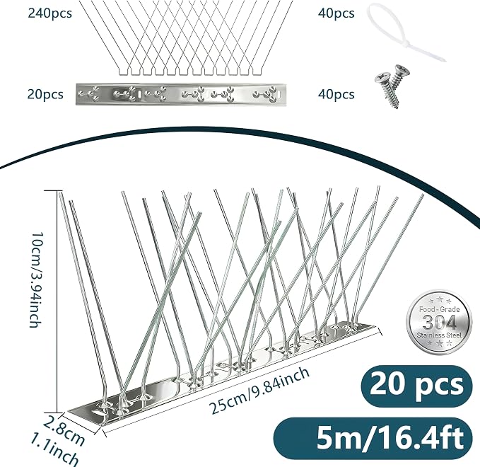 Stainless Steel Bird Spikes for Outside, Anti Bird Deterrent Spikes for Woodpeckers, Squirrels, Raccoons，Weatherproof Fence Spikes for Roof, Railing,Patio, 16.4 Feet