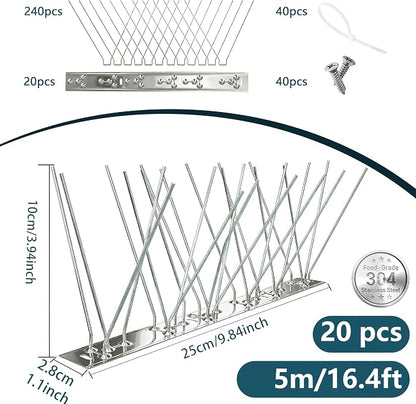 Stainless Steel Bird Spikes for Outside, Anti Bird Deterrent Spikes for Woodpeckers, Squirrels, Raccoons，Weatherproof Fence Spikes for Roof, Railing,Patio, 16.4 Feet