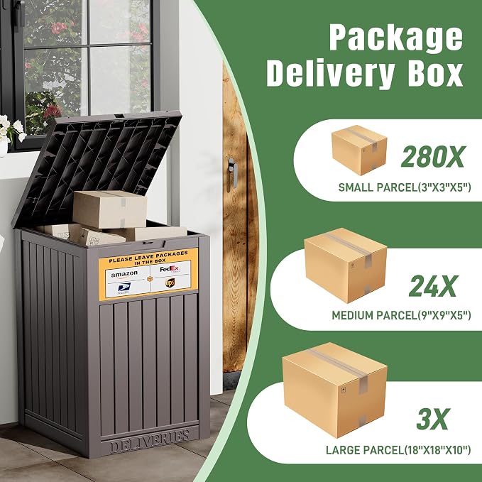 Outdoor Package Delivery Box with Lockable Secure and Sign, Resin Waterproof Outdoor Package Drop Container for Backyard, Garden, Patio & Lawn, Brown with Sign