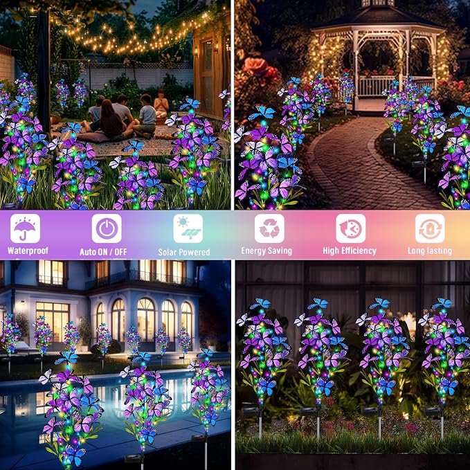 MRHEPHAESTUS Solar Garden Lights Outdoor, Waterproof 2 Pack Solar Butterfly Lights with 60 LED 12 Butterfly Colorful Lighting for Garden Yard Lawn Outdoor Decor, Gift for Mom Women Mother's Day