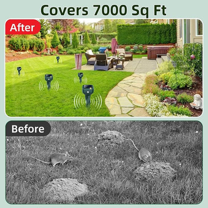Mole Repellent Solar Powered, 4 Pack Snake & Skunk Repellent for Yard, IP 65 Waterproof Ultrasonic Deterrent Stakes, Get Rid of Rabbit, Gopher, Vole, Chipmunk, Deer, Groundhog for Lawns Garden
