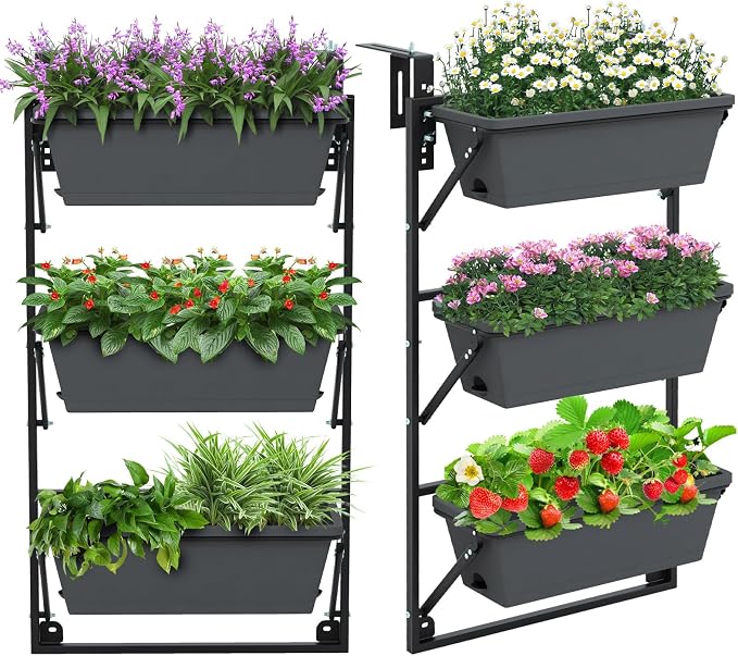 Giantex Set of 2 Vertical Raised Garden Bed, Hanging & Wall-Mounted Planter Garden Boxes, Adjustable Shelf & Detachable Hooks, 3-Tier Railing Raised Beds for Flower Strawberry Vegetable
