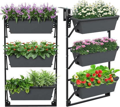 Giantex Set of 2 Vertical Raised Garden Bed, Hanging & Wall-Mounted Planter Garden Boxes, Adjustable Shelf & Detachable Hooks, 3-Tier Railing Raised Beds for Flower Strawberry Vegetable