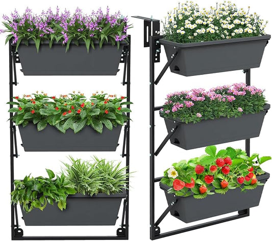 Giantex Set of 2 Vertical Raised Garden Bed, Hanging & Wall-Mounted Planter Garden Boxes, Adjustable Shelf & Detachable Hooks, 3-Tier Railing Raised Beds for Flower Strawberry Vegetable
