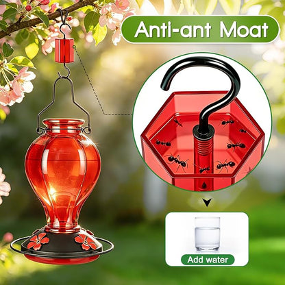 Glass Hummingbird Feeders for Outdoors Hanging, 24oz Wild Bird Nectar Feeder with Ant Moat and 360° Perch, Bee-Resistant Ports,Outside Garden Decor,Colorful Gifts for Women Mom, 1 Pack, Red