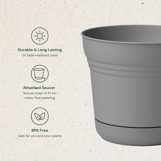 Bloem Saturn Round Planter with Saucer Tray: 12" - Charcoal - Durable Plastic Pot, Matte Finish, Removable Saucer, for Indoor & Outdoor Use, Gardening, 3 Gallon Capacity | Medium-sized pot with built-in drainage holes and detachable saucer tray to prot...
