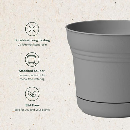 Bloem Saturn Round Planter with Saucer Tray: 12" - Charcoal - Durable Plastic Pot, Matte Finish, Removable Saucer, for Indoor & Outdoor Use, Gardening, 3 Gallon Capacity | Medium-sized pot with built-in drainage holes and detachable saucer tray to prot...