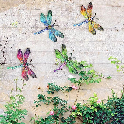 SUNREEK Metal Dragonfly Wall Decor - 9.6" Outdoor Fence Wall Art, Hanging Decorations for Garden Yard Patio Room Decorations, 4 Pack (Color-3)