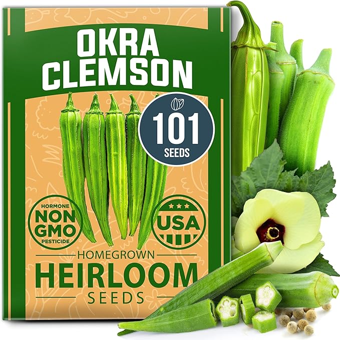 HOME GROWN Clemson Spineless Okra Seeds 101+ Heirloom Non-GMO Vegetable Seeds for Planting, Easy to Grow Summer Garden, High Germination, Heat Tolerant, Tender Green Pods (Abelmoschus esculentus)