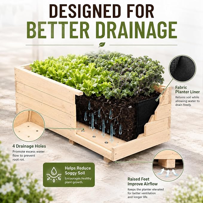 Fir Wood Raised Garden Bed Rectangular Planter for Outdoor Tomato Planter | For Herbs & Flowers Garden Includes Fabric Planter Liner, 4 Drainage Holes