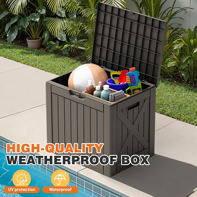 42 Gallon Outdoor Storage Box, Lockable Resin Deck Box for Patio, Yard, and Poolside, Waterproof & Sunproof Organizer for Furniture, Tools, Pool Supplies, Brown