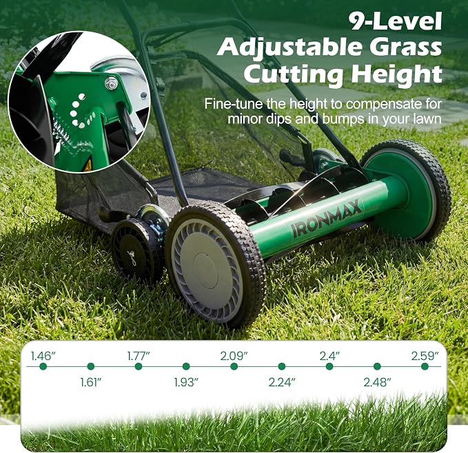 IRONMAX 18 Inch 5-Blade Push Reel Lawn Mower, 9-Level Adjustable Cutting Heights, Removable Grass Catcher, Lightweight No Motor Walk-Behind Manual Grass Cutter for Garden Yard Park (Green, 18 Inch)