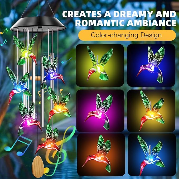 Solar Hummingbird Wind Chimes with 4 Music Aluminum Tubes | Wind Chimes for Outside,Best Gifts for Mom Grandma Women Wife Aunt Sister, Unique Mobile Wind Chime, Garden Yard Decor