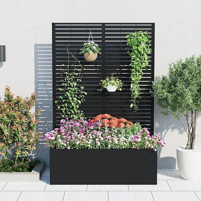 GarveeLife Metal Planter Box with Trellis, 71"x47"x16" Raised Garden Bed for Climbing Plants, Vegetables, Vines, Privacy Planters for Patio with Drainage Holes, 15.7" Deep Planting Bed