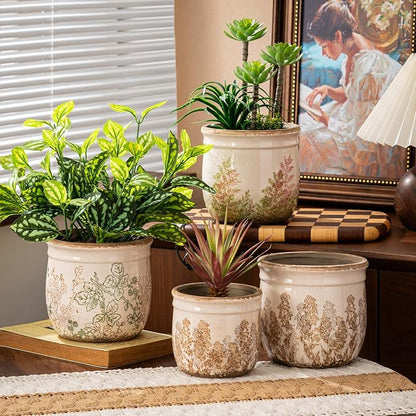 SURE YUESI Ceramic Plant Pots Set of 2, 4.7+5.7 Inch Vintage Indoor Planters with Drainage Hole, Farmhouse Ceramic Flower Pots for Indoor Plants, Rustic Cottage Decor for Home Kitchen Garden, Brown