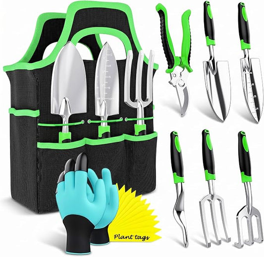 Gardening Tools Set with Bag 8 PCS – Heavy Duty Stainless Steel Garden Hand Tools Kit, Ergonomic Non-Slip Handles, Rust-Proof, Includes 15 Plant Tags – Gardening Gift for Women & Men