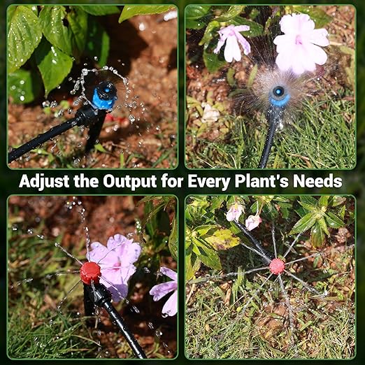 230FT Drip Irrigation Kit with 34 Emitters, 3 Spray Types, Push-Fit System | Extra long irrigation system with 3 adjustable water-saving misting nozzles for watering of large garden areas, leak-free