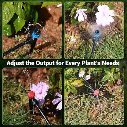 230FT Drip Irrigation Kit with 34 Emitters, 3 Spray Types, Push-Fit System | Extra long irrigation system with 3 adjustable water-saving misting nozzles for watering of large garden areas, leak-free