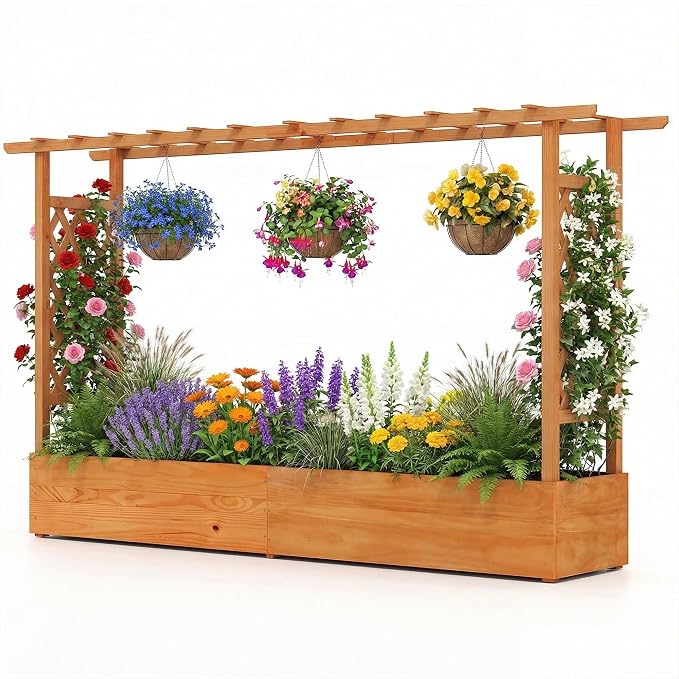 HAPPYGRILL Raised Garden Bed with Trellis, Freestanding Wood Planter Box w/Hanging Roof & 8 Drainage Holes for Vine, Climbing Plants, Flowers, Outdoor Planter with Trellis for Garden, Patio, Yard