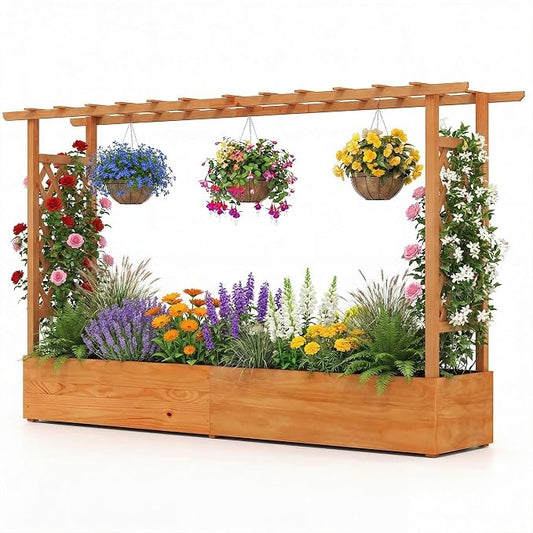 HAPPYGRILL Raised Garden Bed with Trellis, Freestanding Wood Planter Box w/Hanging Roof & 8 Drainage Holes for Vine, Climbing Plants, Flowers, Outdoor Planter with Trellis for Garden, Patio, Yard