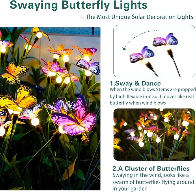 TONULAX Solar Garden Lights - 6 Pack Swaying Butterfly Light, Swaying in The Wind, Solar Outdoor Lights, Yard Patio Pathway Decoration, High Flexibility Iron Wire & Realistic Butterflies
