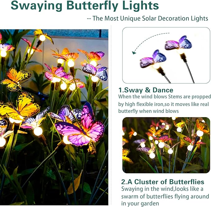 TONULAX Solar Garden Lights - 8 Pack Swaying Butterfly Light, Swaying in The Wind, Solar Outdoor Lights, Yard Patio Pathway Decoration, High Flexibility Iron Wire & Realistic Butterflies